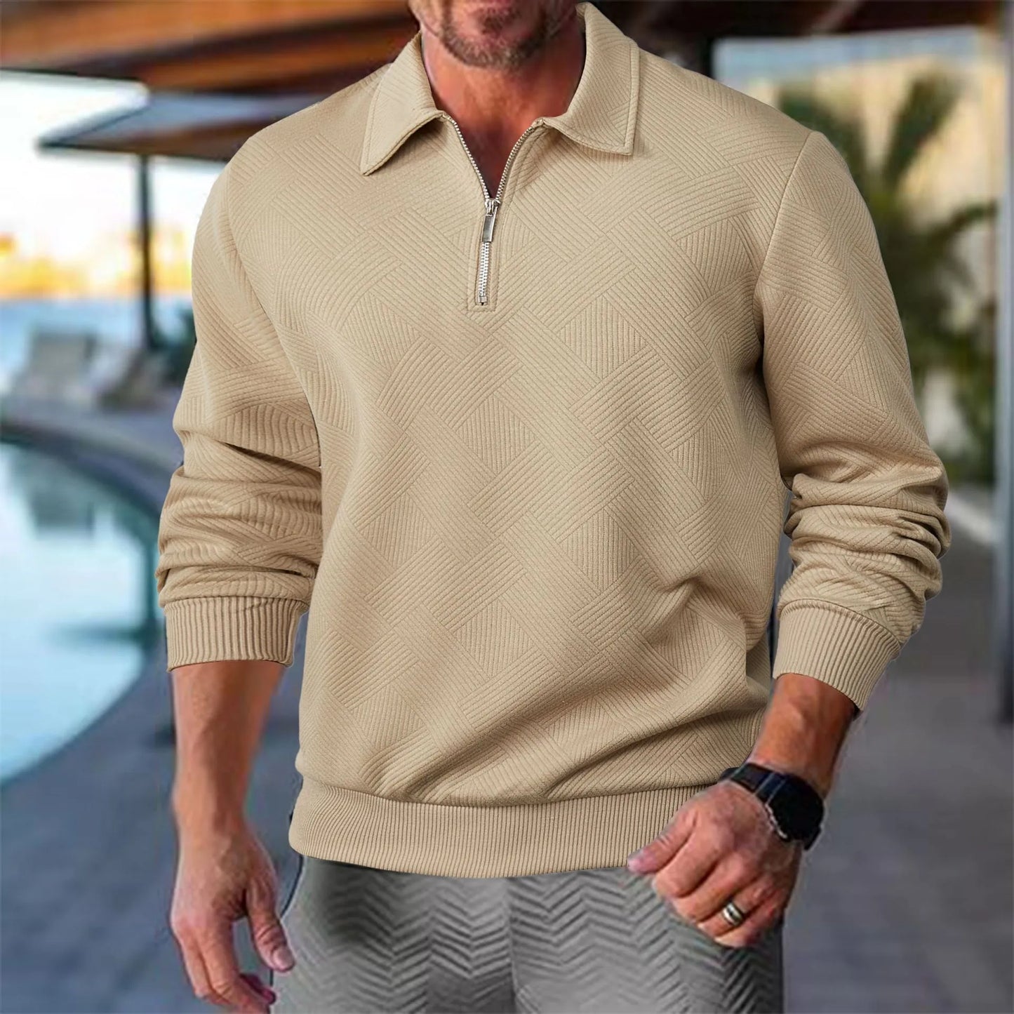 Men's Quarter-Zip Geometric Pattern Casual Sweater – Vintage-Inspired Relaxed Fit Pullover