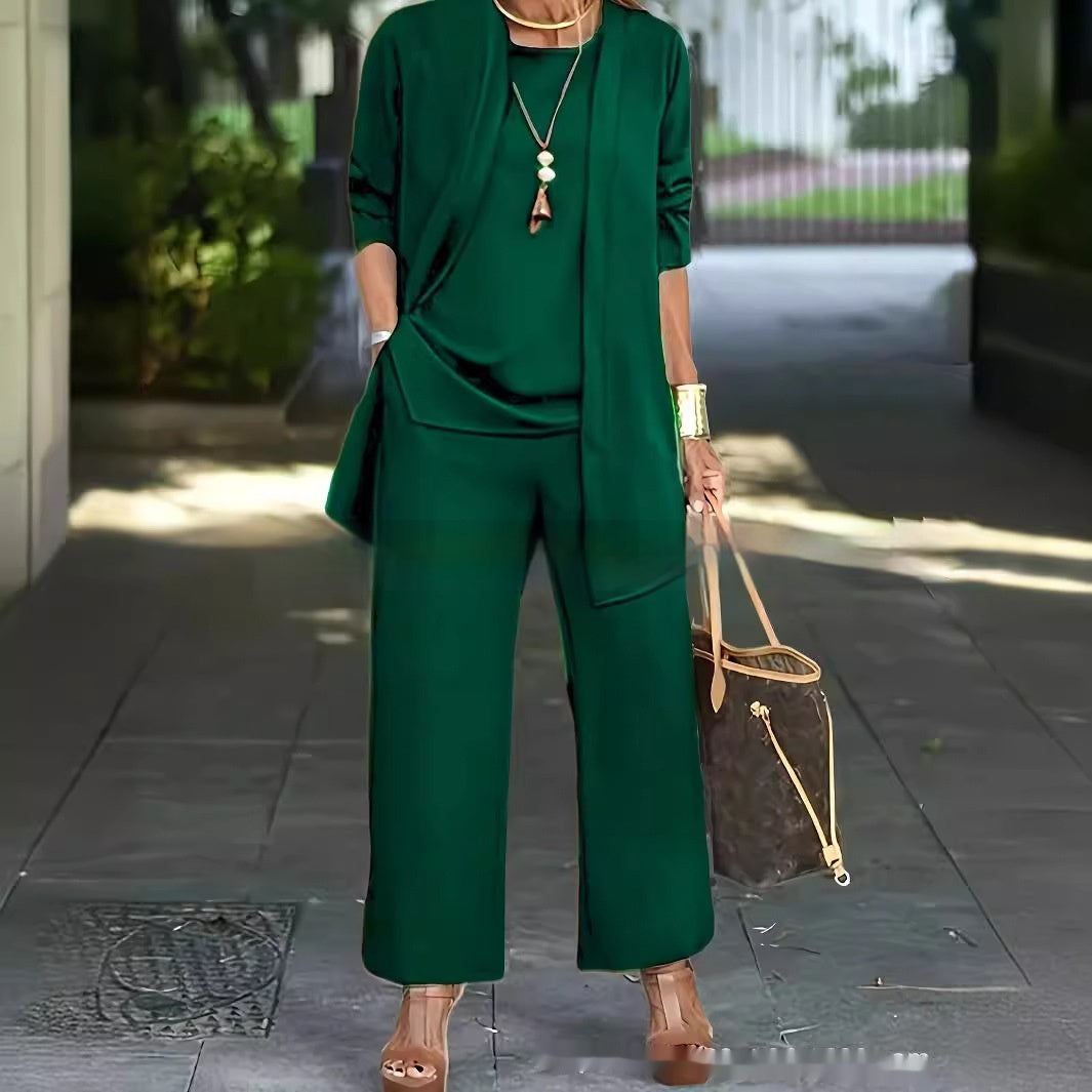 Julia – Premium Vegan Leather Split Round Neck Sleeveless Vest Top with Long Sleeve Cardigan and Wide Leg Pants Suit
