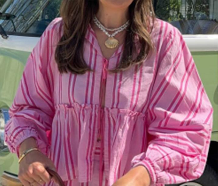 Helen – Striped Lace-up Lantern Sleeve Ruffled Top Suit