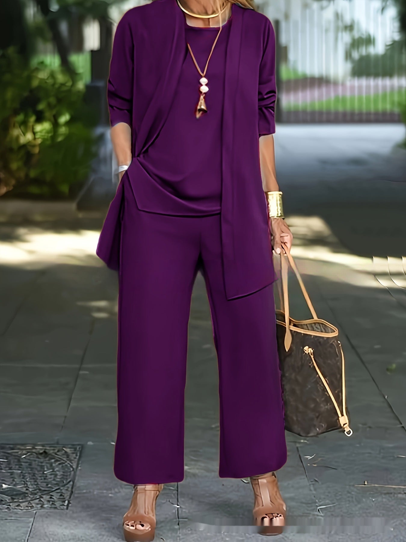 Julia – Premium Vegan Leather Split Round Neck Sleeveless Vest Top with Long Sleeve Cardigan and Wide Leg Pants Suit