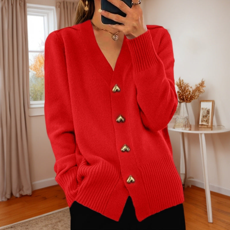 Lydia – V-neck Knitted Cardigan with Love Button