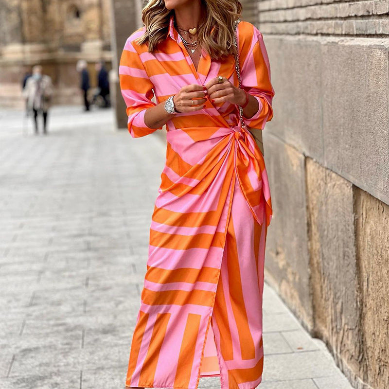 Laura – Striped Printed Dress with Lace-up Cardigan