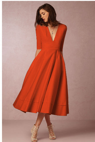 Women's Elegant V-Neck Midi Princess Dress with Sleeves for Special Occasions