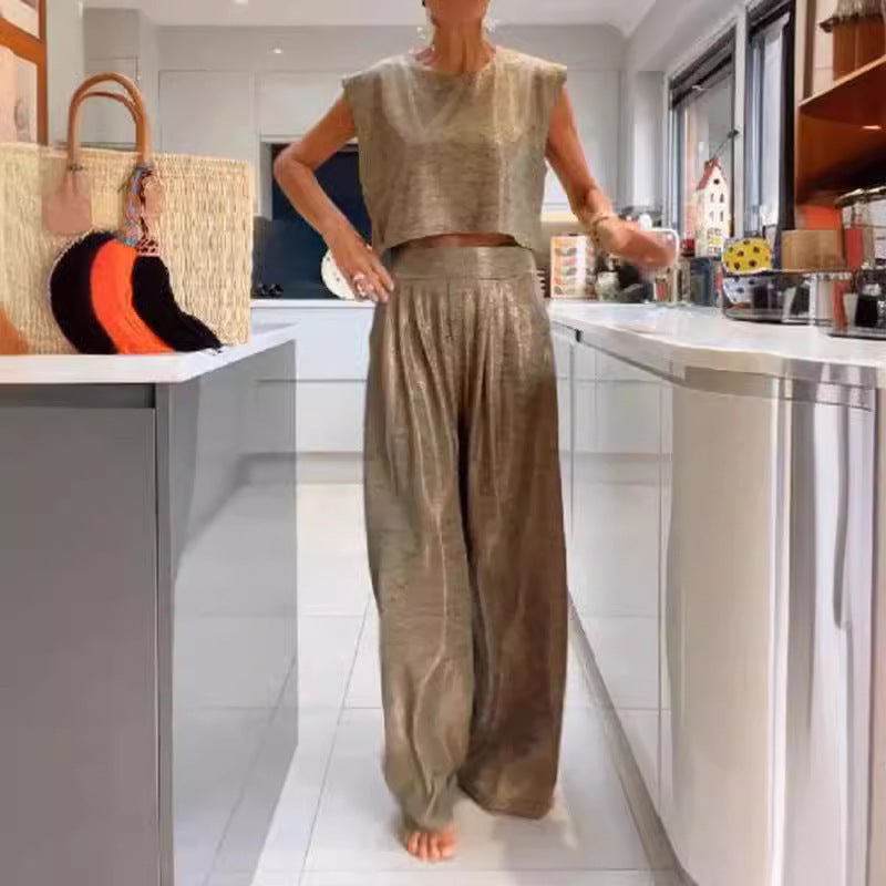 Hannah – Women's Casual Glossy Vest and Wide Leg Pants Set
