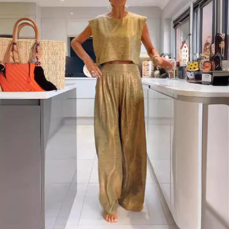 Hannah – Women's Casual Glossy Vest and Wide Leg Pants Set