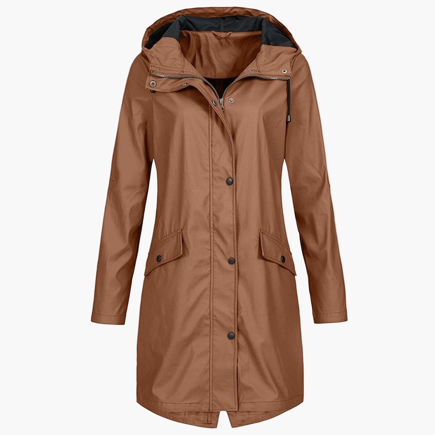 Women's Waterproof Windproof Rain Jacket – Modern Knee-Length Outdoor Coat
