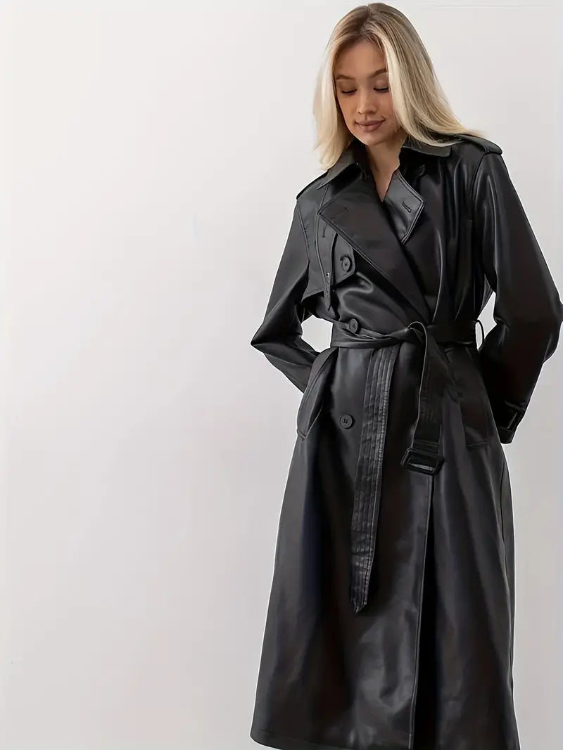Women's Long Trench Coat - Double-Breasted Belted Elegant Overcoat