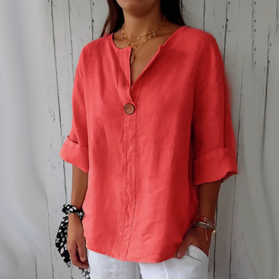 Sandra – Loose Women's V-neck Cotton and Linen Button Top