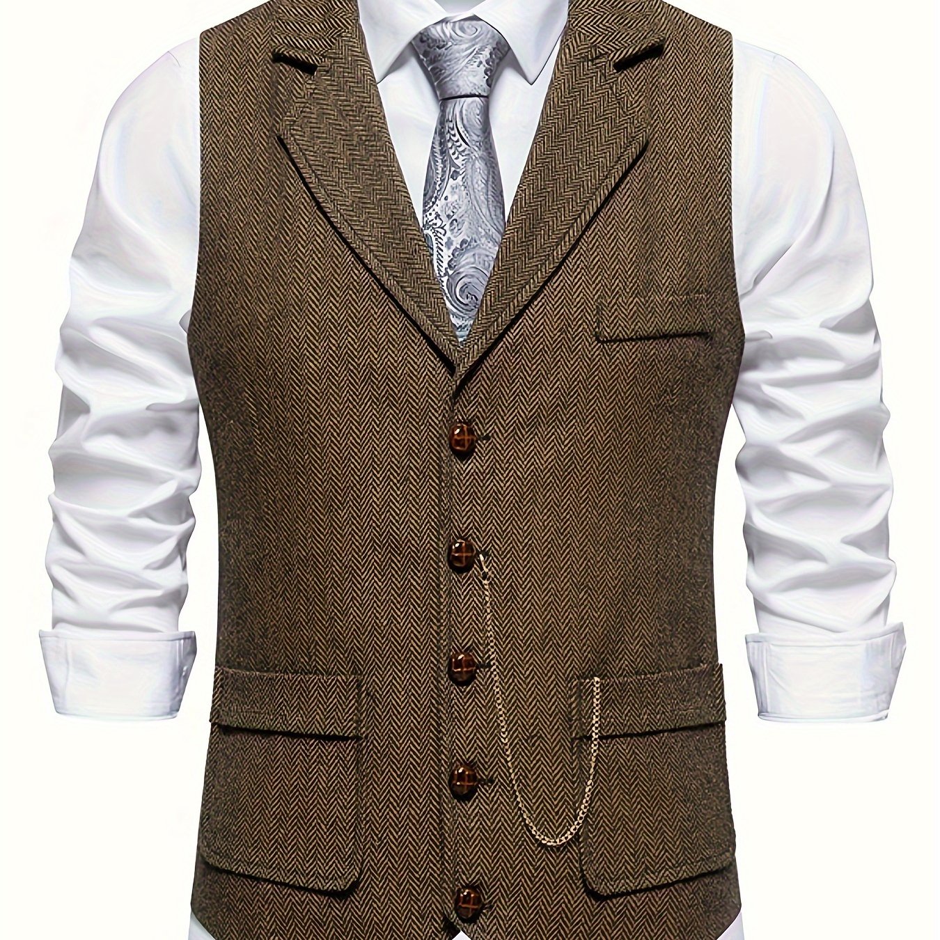 Men's Classic Herringbone Suit Vest with Lapel – Formal Business Waistcoat