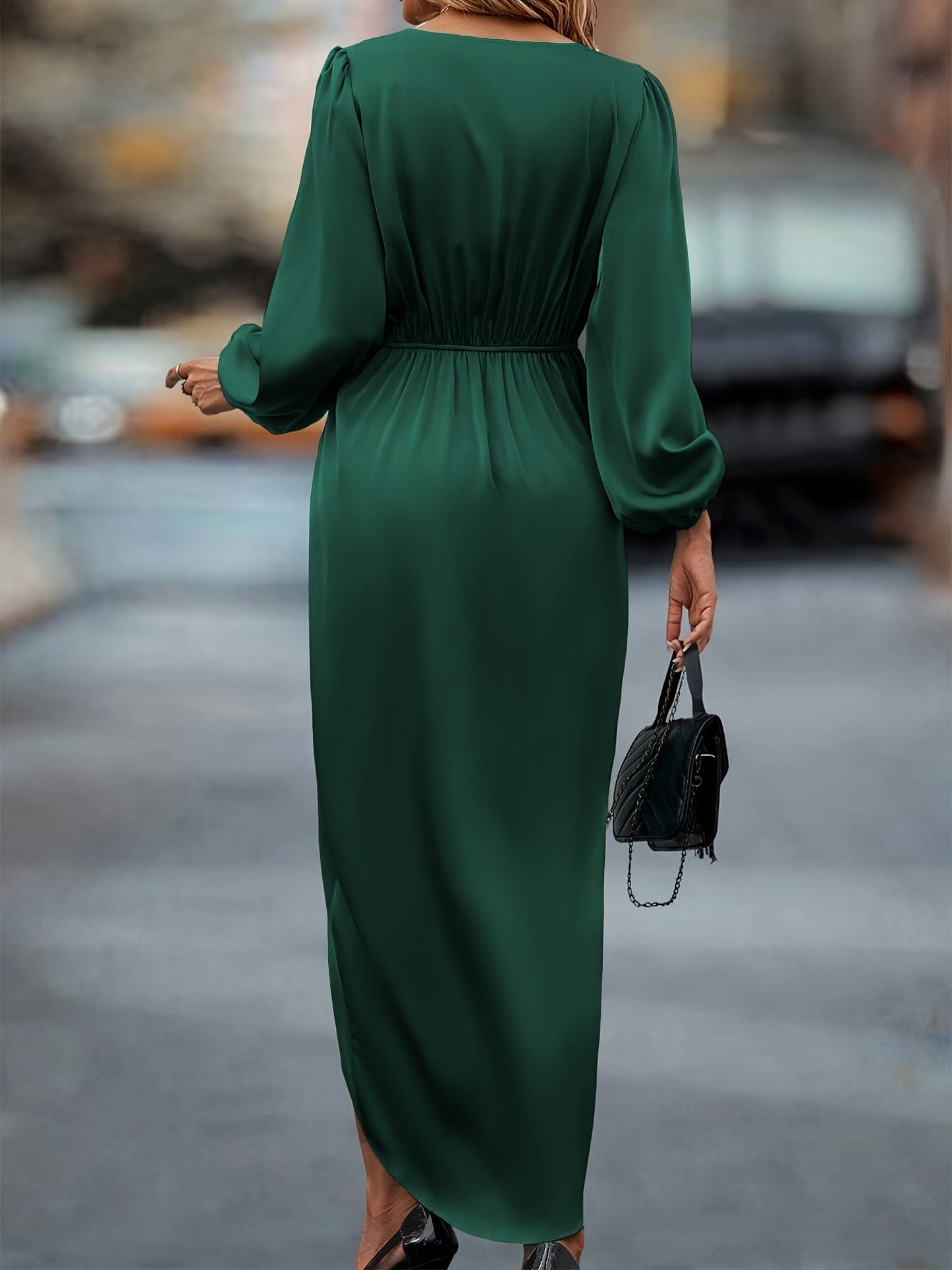 Women's Elegant Formal Wrap Surplice Neckline Ruched Midi Dress