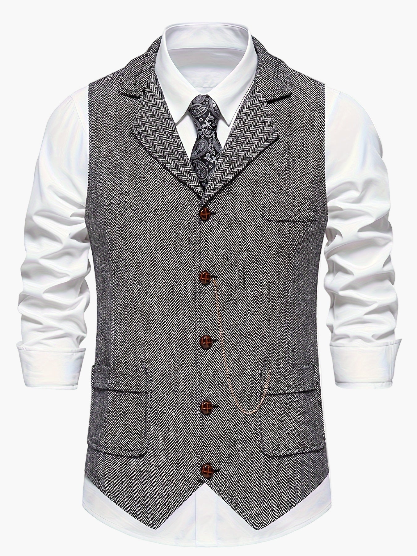 Men's Classic Herringbone Suit Vest with Lapel – Formal Business Waistcoat