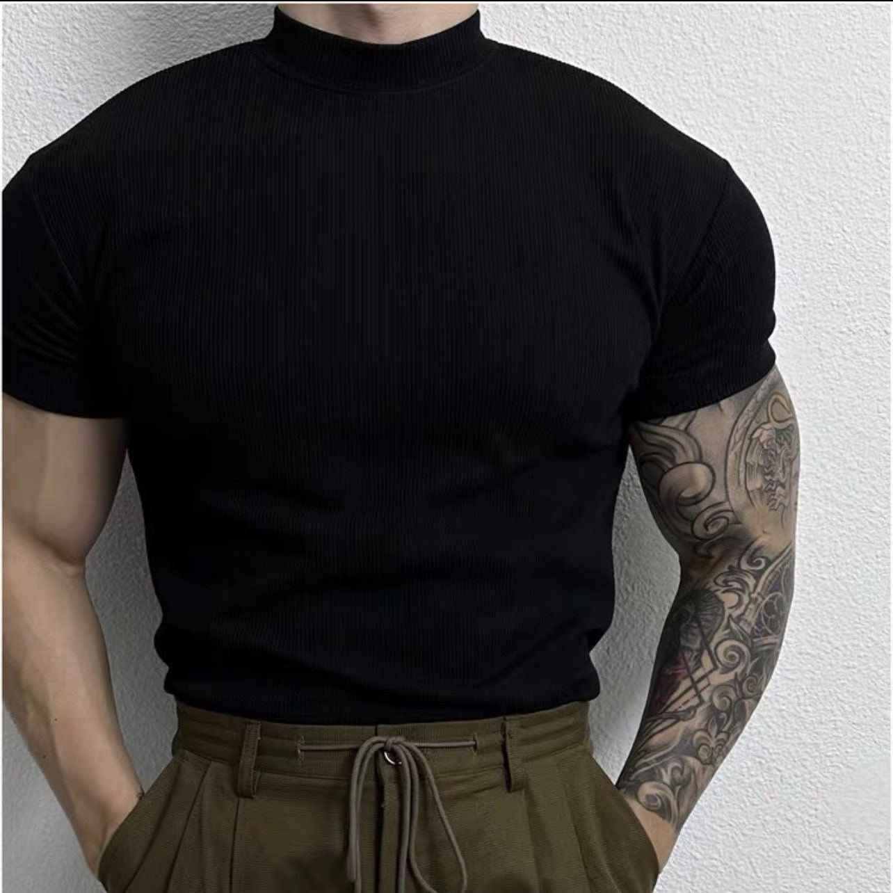 Stephen – American-style Solid Color Half Collar Stretch T-shirt