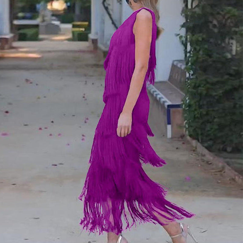 Andrea – Layered Fringe Design Dress with Diagonal Collar