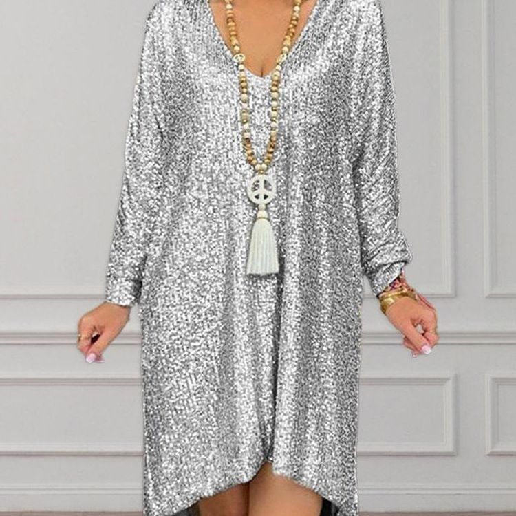 Women's Sequin A-Line Party Dress with Princess Sleeves, Elegant Commute Style