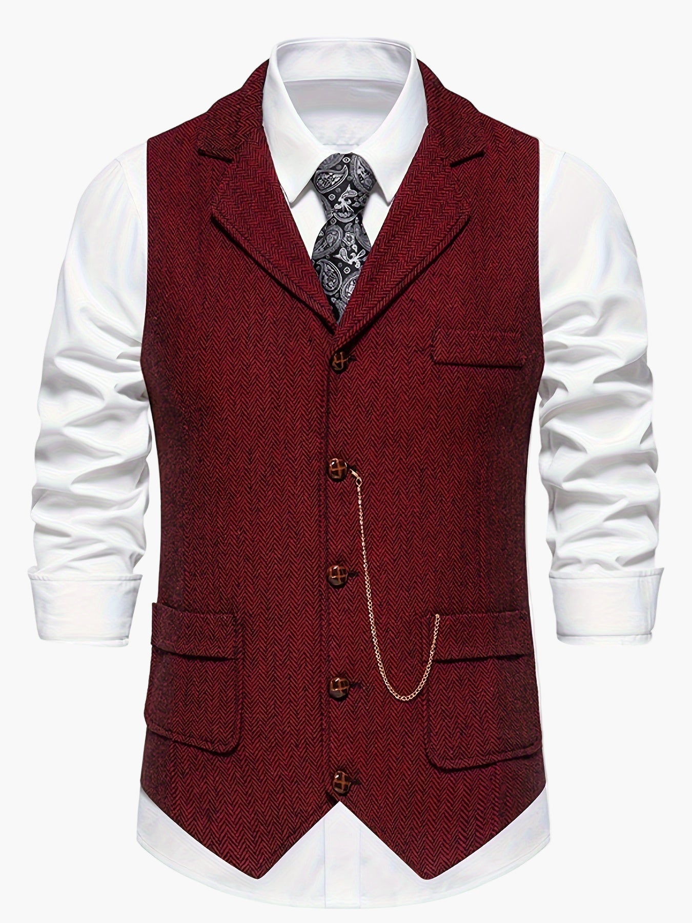 Men's Classic Herringbone Suit Vest with Lapel – Formal Business Waistcoat