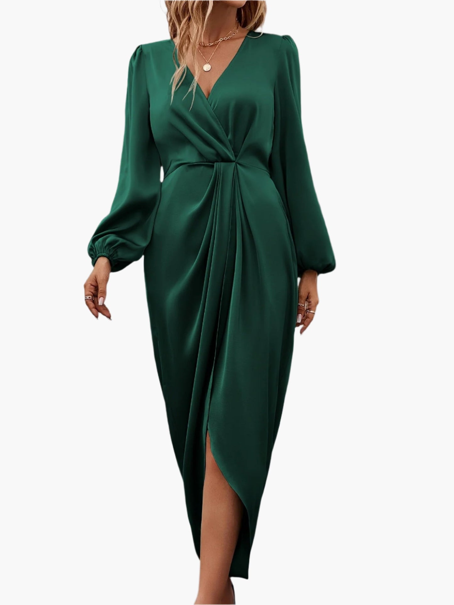 Women's Elegant Formal Wrap Surplice Neckline Ruched Midi Dress