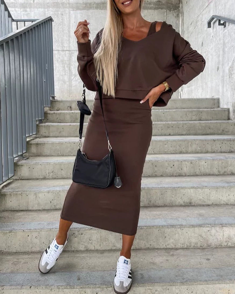 Denise – V-neck Hooded Dress with Short Top Suit