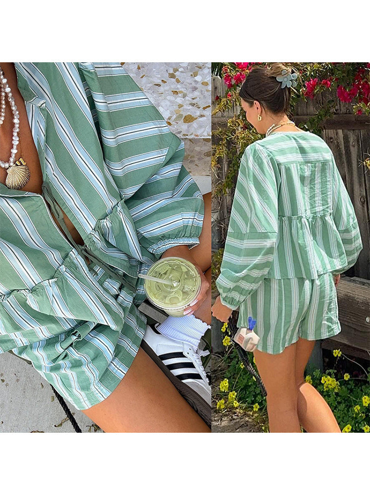 Helen – Striped Lace-up Lantern Sleeve Ruffled Top Suit