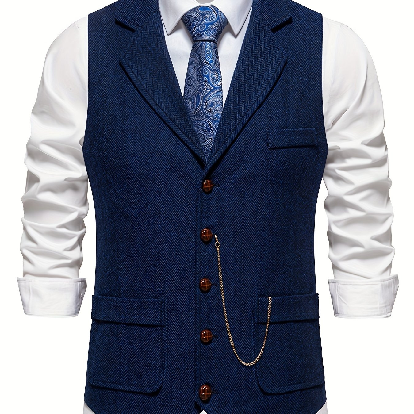 Men's Classic Herringbone Suit Vest with Lapel – Formal Business Waistcoat