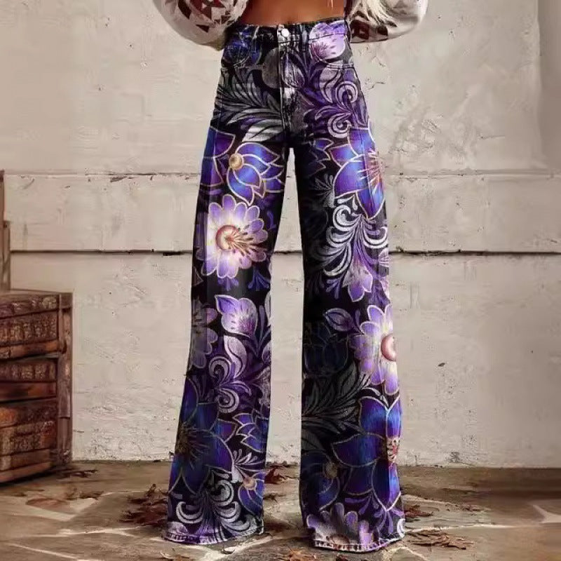 Samantha – Fashion Women's Printed High Waist Loose Thin Premium Vegan Denim Wide Leg Pants