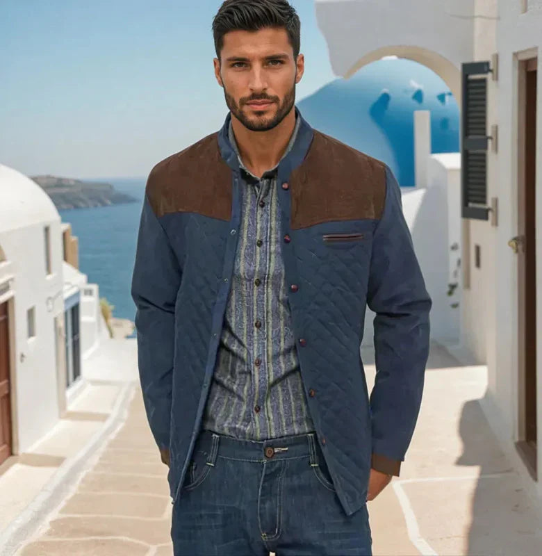 Men's Quilted Patchwork Casual Jacket – Modern Stand Collar Outerwear for Spring & Autumn