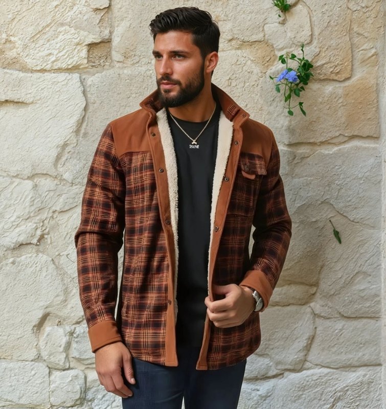 Men's Outdoor Plaid Fleece-Lined Shirt Jacket – Classic Stand Collar Workwear