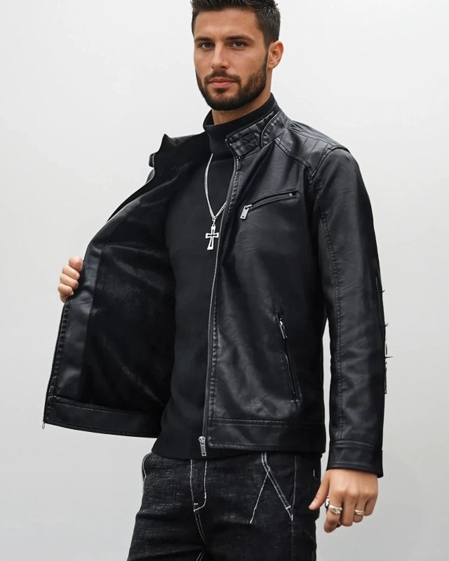 Men's Biker Style Casual PU Leather Jacket for Night Out