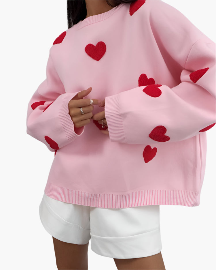 Women's Oversized Heart Print Comfy Sweater – Casual Loungewear Style