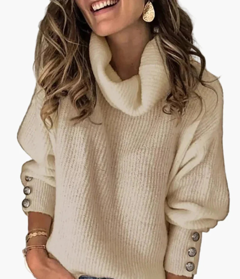 Women's Cozy Pullover Turtleneck Sweater with Button Sleeve Detail – Casual Relaxed Fit