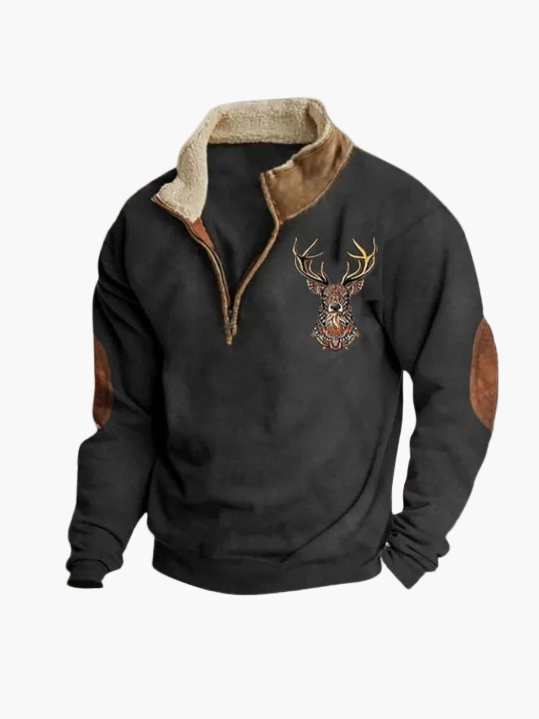 Men's Casual Quarter Zip Pullover with Sherpa Lining and Deer Embroidery - Outdoor Cozy Sweater