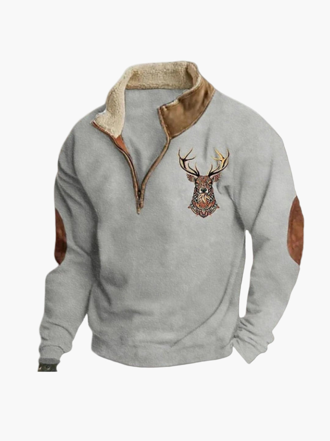 Men's Casual Quarter Zip Pullover with Sherpa Lining and Deer Embroidery - Outdoor Cozy Sweater