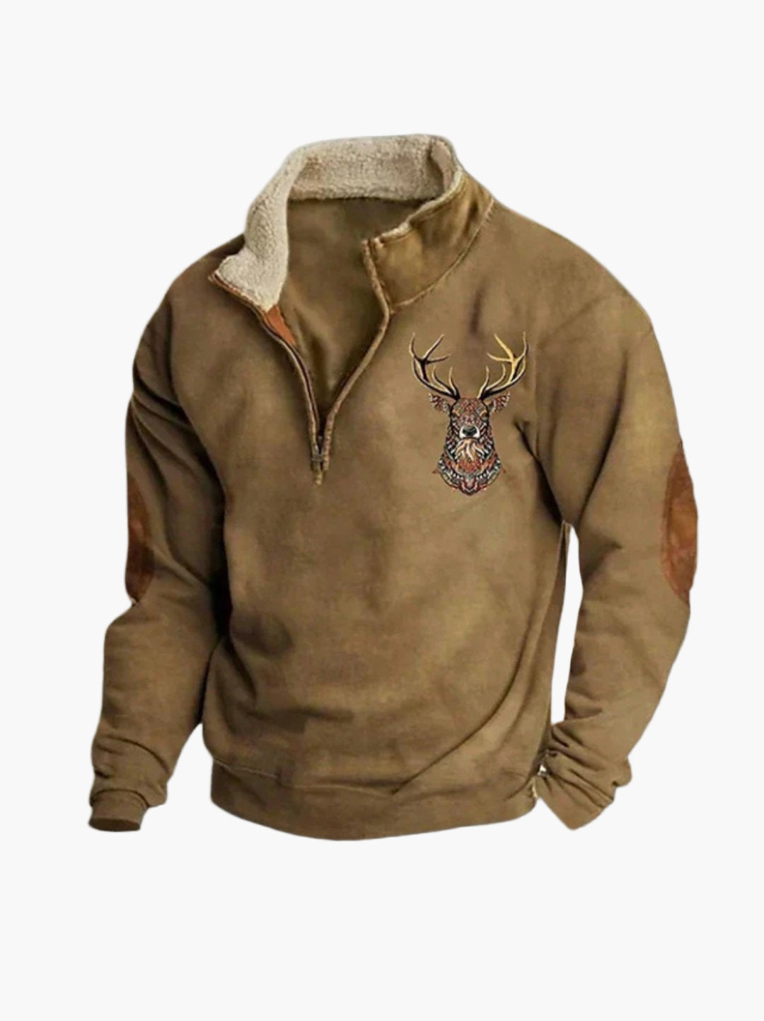 Men's Casual Quarter Zip Pullover with Sherpa Lining and Deer Embroidery - Outdoor Cozy Sweater