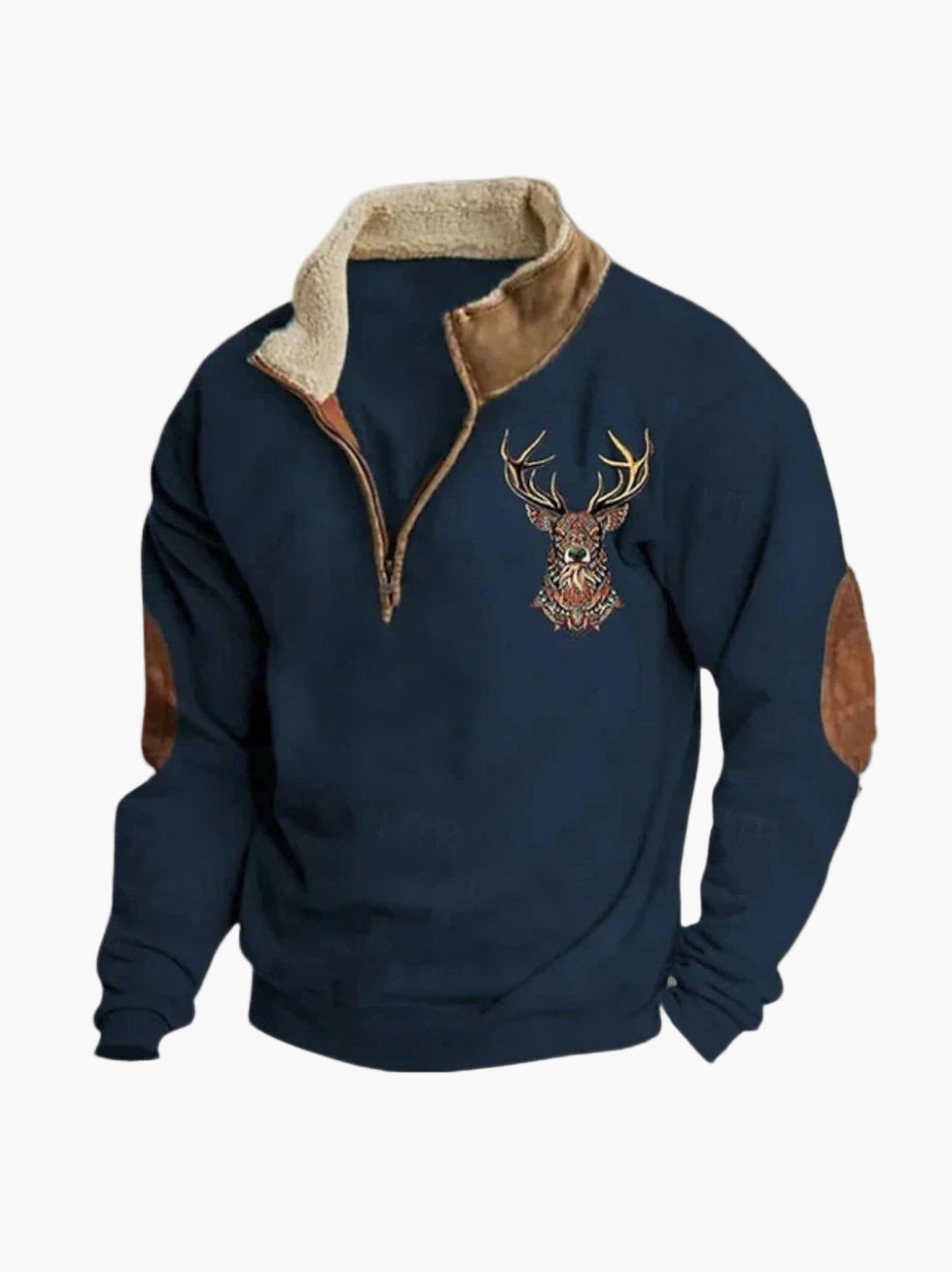 Men's Casual Quarter Zip Pullover with Sherpa Lining and Deer Embroidery - Outdoor Cozy Sweater