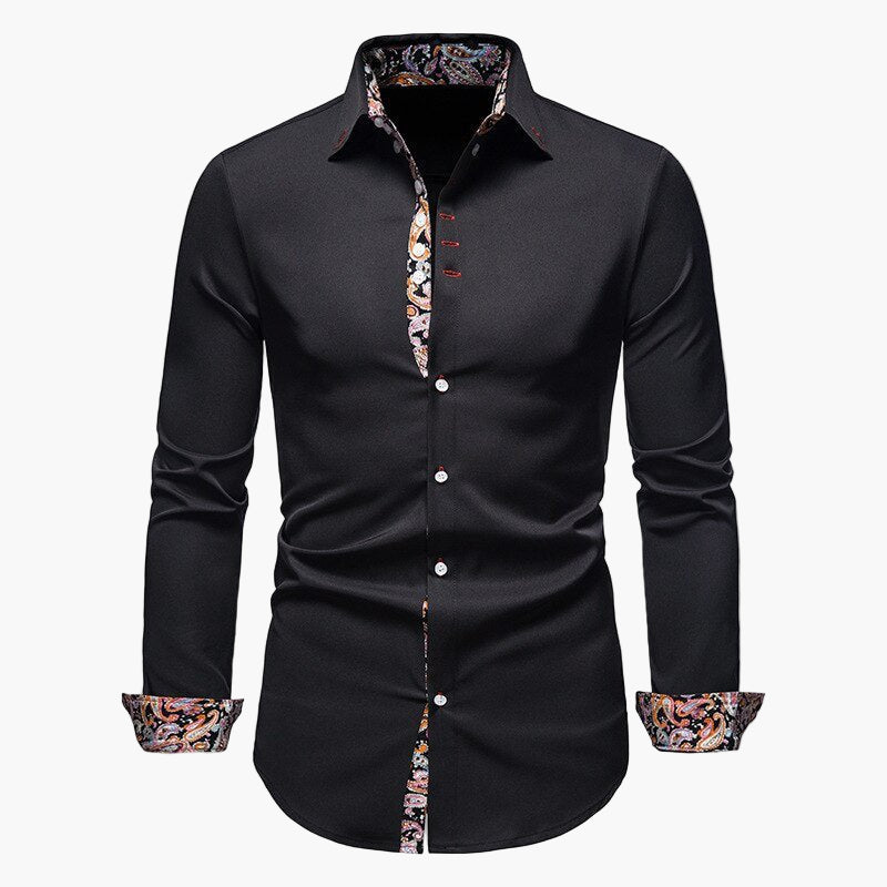 Men's Modern Long Sleeve Dress Shirt with Paisley Contrast Trim – Stylish Formal & Casual Shirt