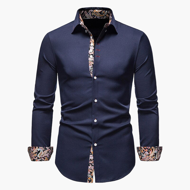 Men's Modern Long Sleeve Dress Shirt with Paisley Contrast Trim – Stylish Formal & Casual Shirt