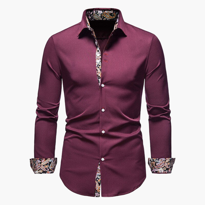 Men's Modern Long Sleeve Dress Shirt with Paisley Contrast Trim – Stylish Formal & Casual Shirt