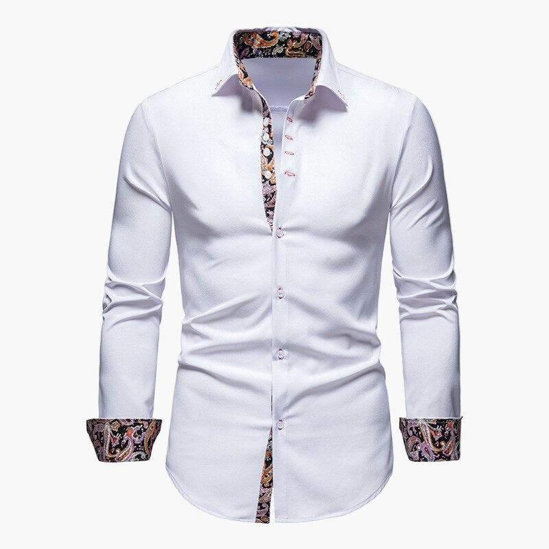 Men's Modern Long Sleeve Dress Shirt with Paisley Contrast Trim – Stylish Formal & Casual Shirt