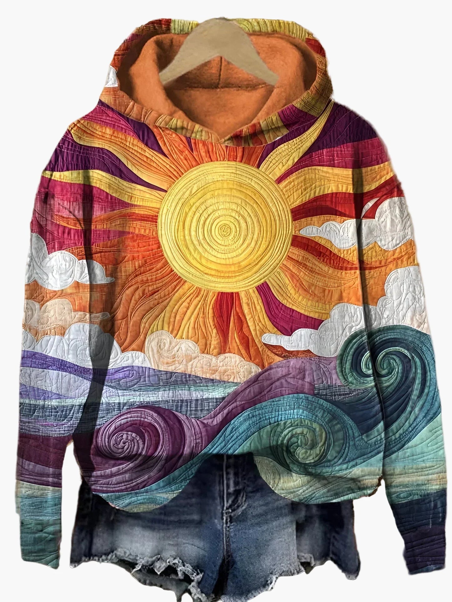 Women's Artistic Sun and Waves Graphic Hoodie Casual Pullover