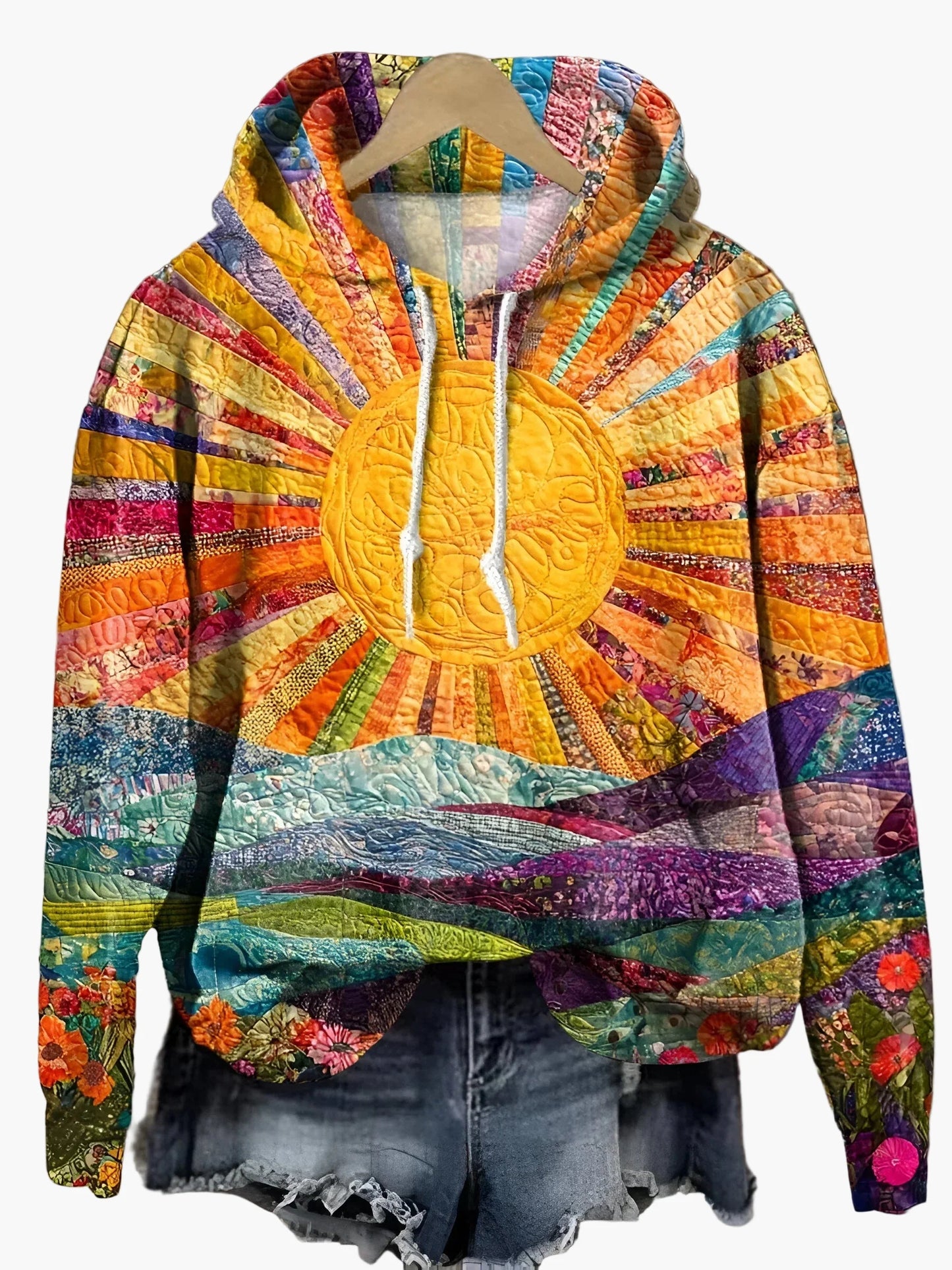 Women's Artistic Sunrise Print Casual Hoodie - Vibrant Boho Style Pullover