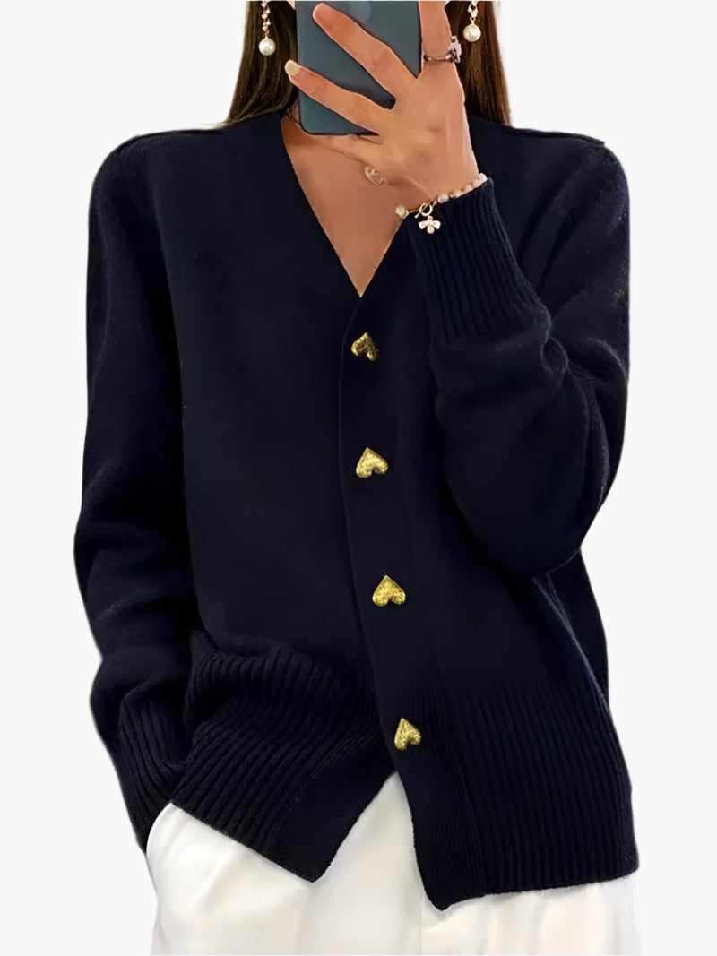 Women's Heart Button Knit Cardigan – Cozy V-Neck Long Sleeve Sweater for Autumn & Winter