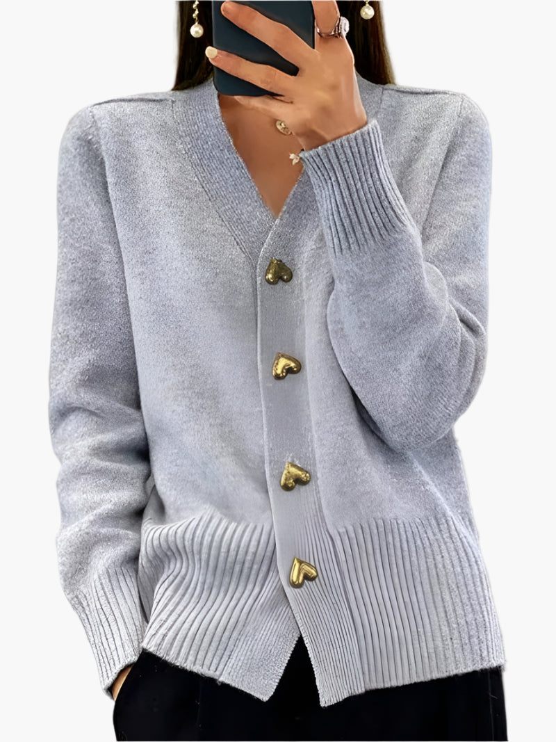 Women's Heart Button Knit Cardigan – Cozy V-Neck Long Sleeve Sweater for Autumn & Winter
