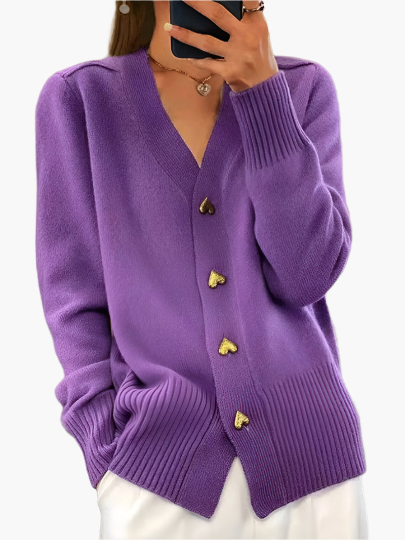Women's Heart Button Knit Cardigan – Cozy V-Neck Long Sleeve Sweater for Autumn & Winter
