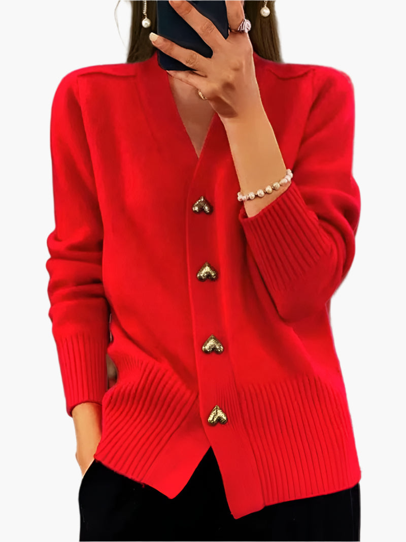 Women's Heart Button Knit Cardigan – Cozy V-Neck Long Sleeve Sweater for Autumn & Winter