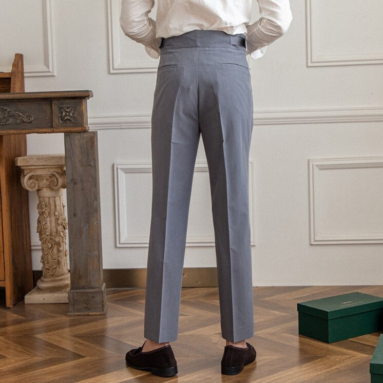 Men's High-Waisted Tailored Pleated Trousers with Adjustable Side Buckle – Elegant Formal & Business Casual Pants
