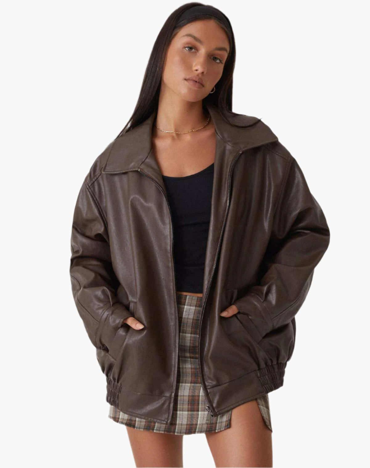 Women's Oversized Faux Leather Bomber Jacket – Trendy Relaxed Fit for Casual and Night Out Style