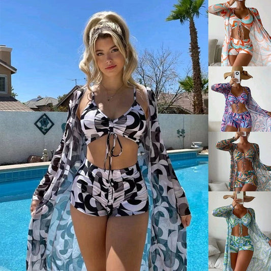 Donna – 3-Piece Printed Bikini with Long Sleeve Cardigan