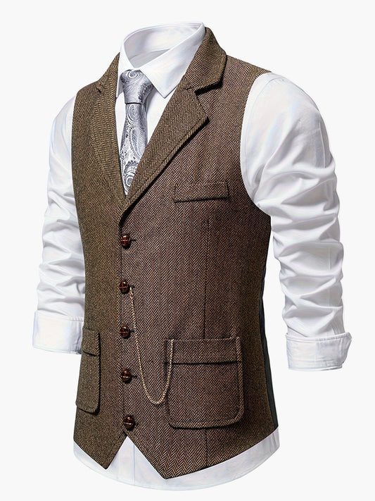 Men's Classic Herringbone Suit Vest with Lapel – Formal Business Waistcoat
