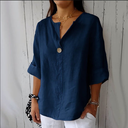 Sandra – Loose Women's V-neck Cotton and Linen Button Top