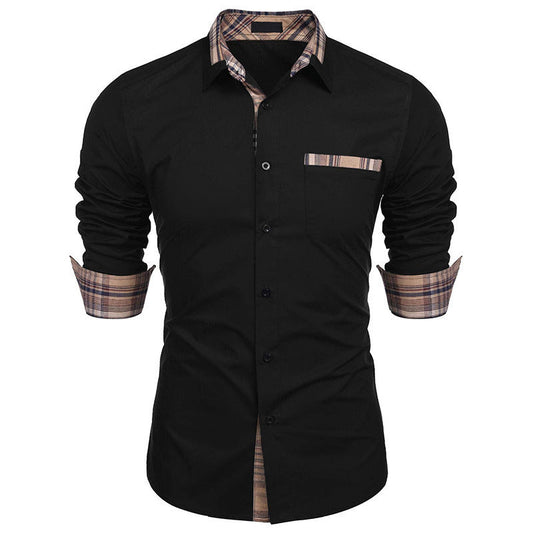 Men's Slim Fit Plaid Detail Dress Shirt, Casual Business Long Sleeve Button-Up