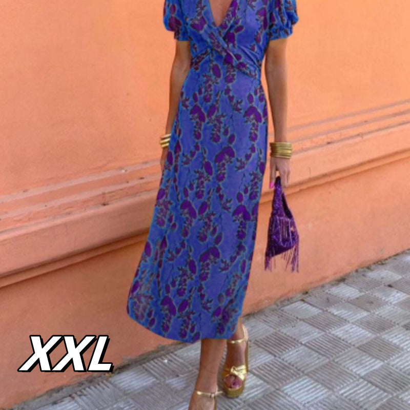Christina – Elegant Long Dress with V-Neck and Short Sleeve in Contrast Print